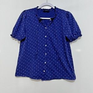 Lucky Brand Casual Blue Polka Dot Button Down Blouse Tasseled Top Medium